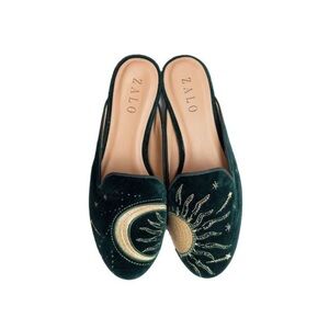Zalo Mules in a Forrest Green Velvet w/ Gold embroidered Celestial Sun & moon